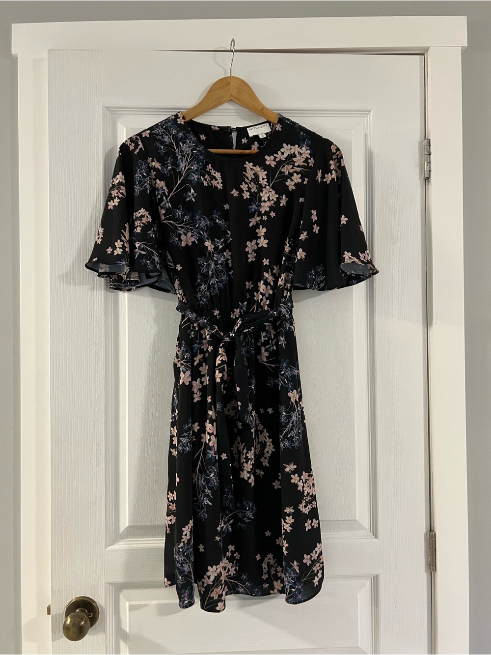 Witchery Black Midi Dress with Pink and Blue Floral Pattern